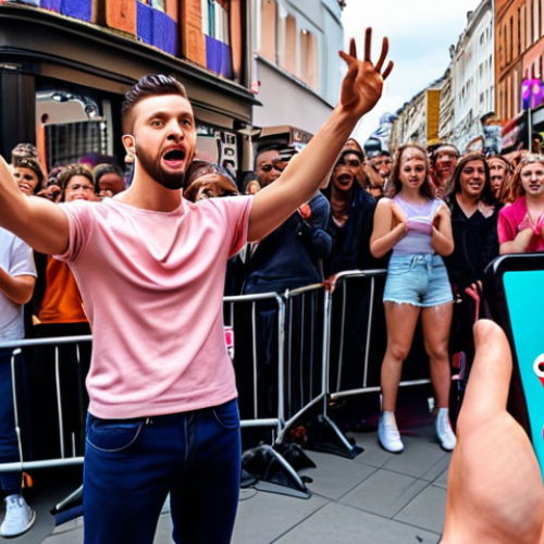 **Street performer captivating a crowd with a magic trick, digital screen behind them displaying a viral TikTok video of the same performance. Energetic scene, vibrant colors, focus on the performer's captivating expression.**