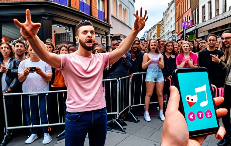 **Street performer captivating a crowd with a magic trick, digital screen behind them displaying a viral TikTok video of the same performance. Energetic scene, vibrant colors, focus on the performer's captivating expression.**