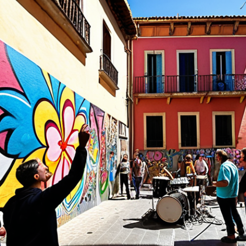 **Prompt 1:** A vibrant street art scene in a bustling Spanish city. Old facades are adorned with colorful graffiti and intricate murals depicting local stories and abstract beauty. In the foreground, a passionate street musician performs, drawing an engaged crowd of diverse onlookers. The air vibrates with shared connection and urban energy, capturing the true "pulse of the city." Daytime, natural light highlighting the vivid art and lively community.
