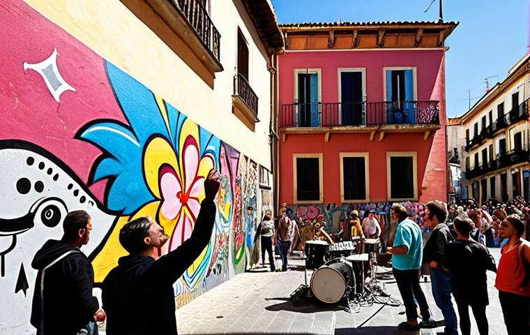 **Prompt 1:** A vibrant street art scene in a bustling Spanish city. Old facades are adorned with colorful graffiti and intricate murals depicting local stories and abstract beauty. In the foreground, a passionate street musician performs, drawing an engaged crowd of diverse onlookers. The air vibrates with shared connection and urban energy, capturing the true "pulse of the city." Daytime, natural light highlighting the vivid art and lively community.