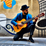 A male street musician, fully clothed in modern, professional attire, plays a traditional Spanish guitar on a vibrant, historic street in Barcelona, such as Las Ramblas. Behind him, subtle, artful AI-generated visual projections dance on the ancient building wall, creating a captivating blend of old and new. He has a small, discreet tablet showing a live stream of his performance. The scene captures the energetic atmosphere of urban street art, with natural light. perfect anatomy, correct proportions, natural pose, well-formed hands, proper finger count, natural body proportions. safe for work, appropriate content, modest clothing, family-friendly.