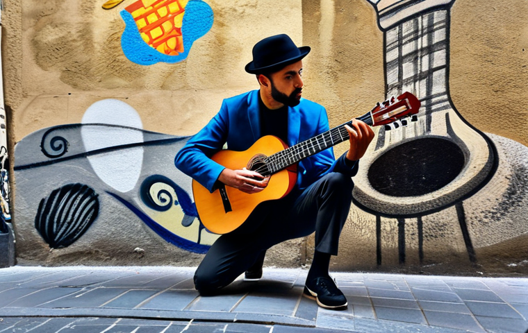 A male street musician, fully clothed in modern, professional attire, plays a traditional Spanish guitar on a vibrant, historic street in Barcelona, such as Las Ramblas. Behind him, subtle, artful AI-generated visual projections dance on the ancient building wall, creating a captivating blend of old and new. He has a small, discreet tablet showing a live stream of his performance. The scene captures the energetic atmosphere of urban street art, with natural light. perfect anatomy, correct proportions, natural pose, well-formed hands, proper finger count, natural body proportions. safe for work, appropriate content, modest clothing, family-friendly.