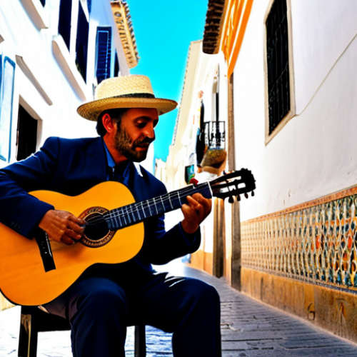 **

"A vibrant street performer playing flamenco guitar in Seville, Spain.  Sunlight streams through the narrow alleyways, highlighting the colorful tiles and whitewashed buildings. The guitarist wears a traditional Cordobes hat and a fitted suit. The scene captures the passion and energy of flamenco. High quality, photorealistic, Andalusian culture, safe for work, appropriate content, fully clothed, professional."

**