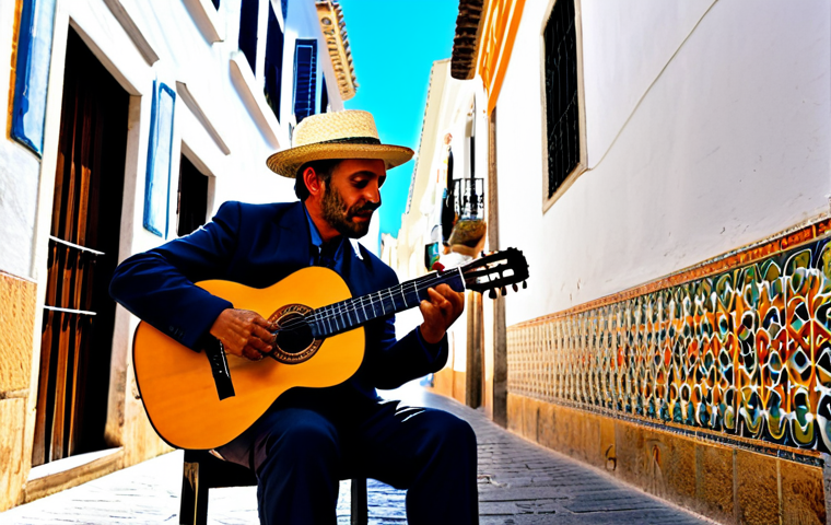 **

"A vibrant street performer playing flamenco guitar in Seville, Spain.  Sunlight streams through the narrow alleyways, highlighting the colorful tiles and whitewashed buildings. The guitarist wears a traditional Cordobes hat and a fitted suit. The scene captures the passion and energy of flamenco. High quality, photorealistic, Andalusian culture, safe for work, appropriate content, fully clothed, professional."

**
