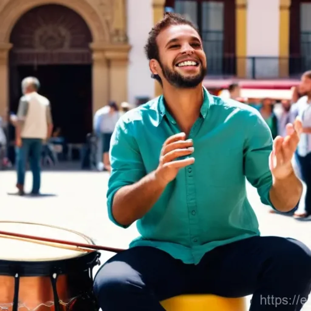 거리공연에서의 음악적 요소 - **Urban Rhythm Fusion in a Lively Spanish Square**
A vibrant, medium shot of a male street music...