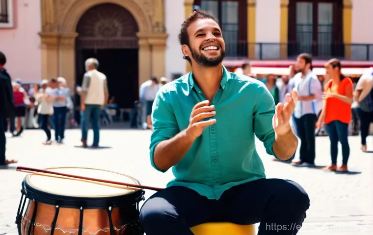 거리공연에서의 음악적 요소 - **Urban Rhythm Fusion in a Lively Spanish Square**
A vibrant, medium shot of a male street music...