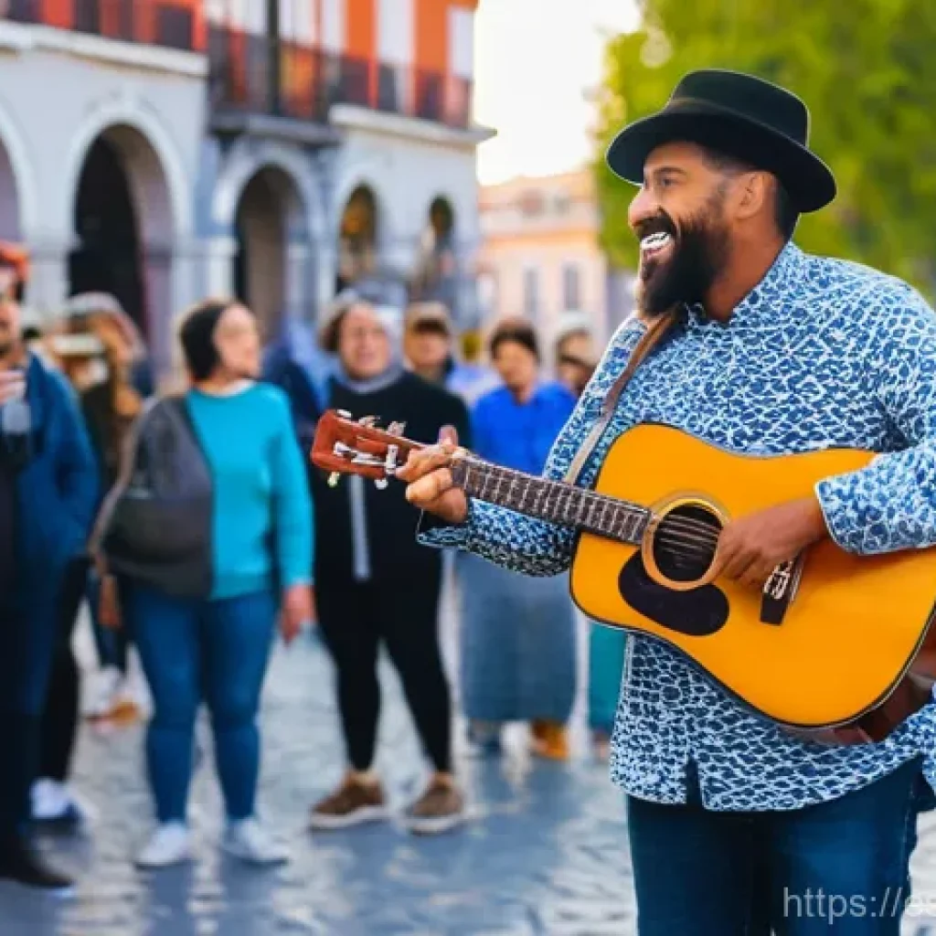 거리공연을 위한 홍보 전략 - **Prompt:** A dynamic street musician, a charismatic guitarist with a worn acoustic guitar, performs...