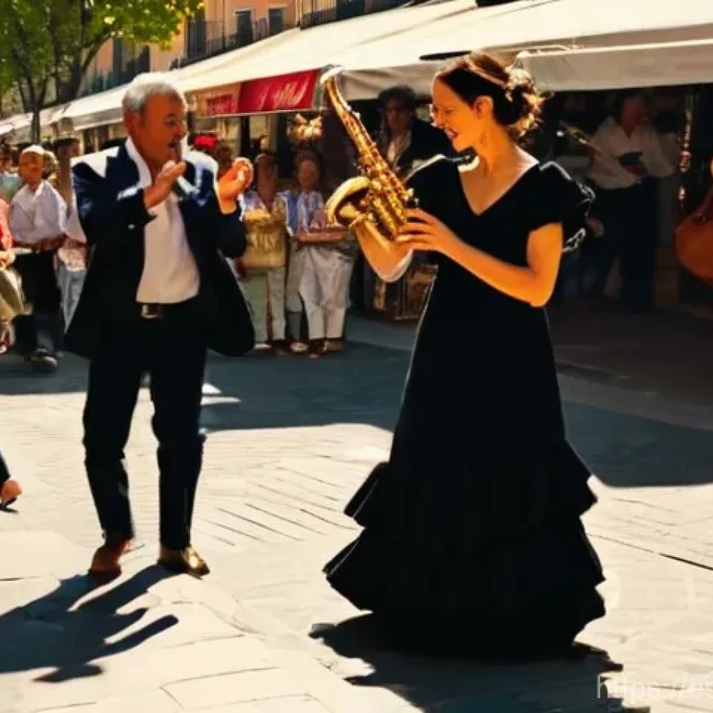 거리공연에서의 즉흥 연주 - **Prompt:** A dynamic, spontaneous flamenco performance erupts in the bustling, sun-drenched El Rast...