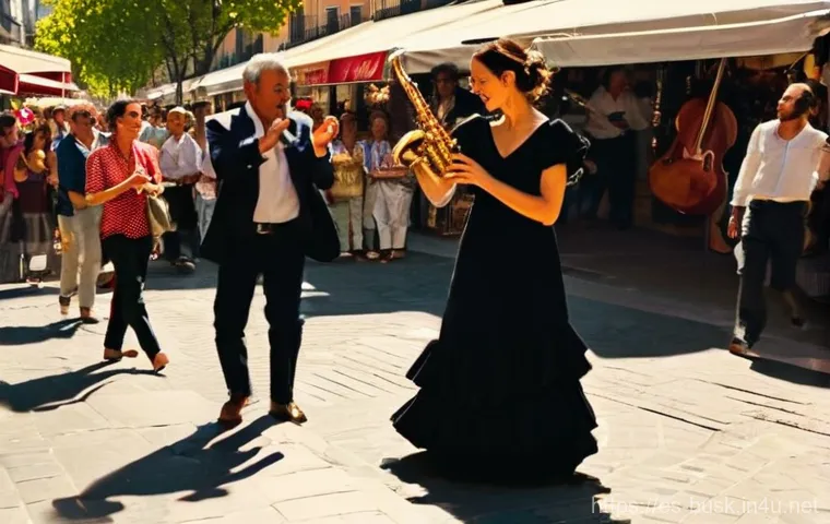 거리공연에서의 즉흥 연주 - **Prompt:** A dynamic, spontaneous flamenco performance erupts in the bustling, sun-drenched El Rast...
