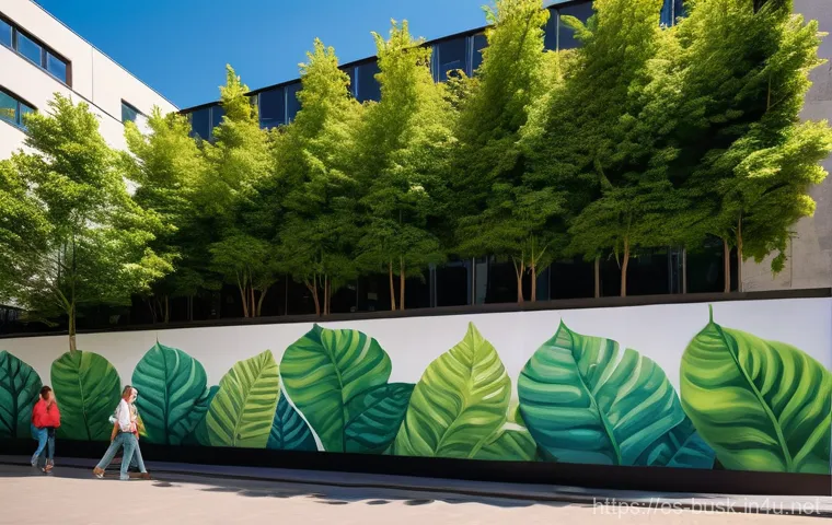 거리공연과 환경 보호 - A vibrant, photorealistic street mural on the side of a modern building in a bustling, sunny Europea...