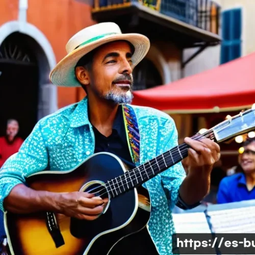 거리공연에서의 독창성 강조 - A vibrant street musician performing passionately in a busy Spanish plaza during late afternoon, wea...