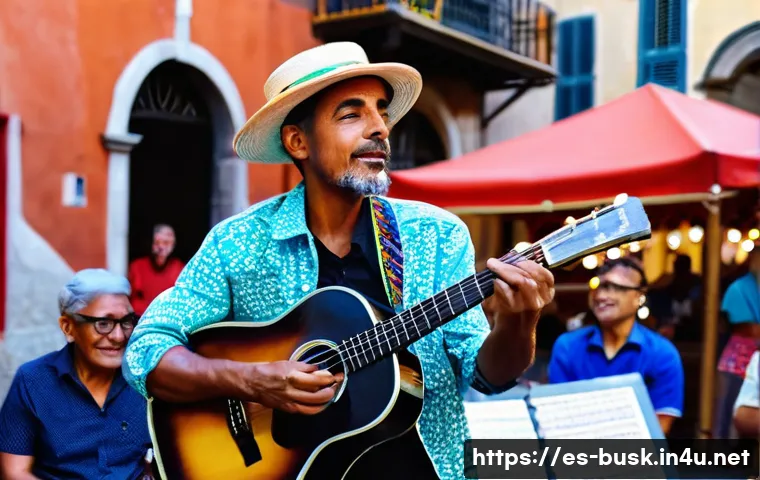 거리공연에서의 독창성 강조 - A vibrant street musician performing passionately in a busy Spanish plaza during late afternoon, wea...