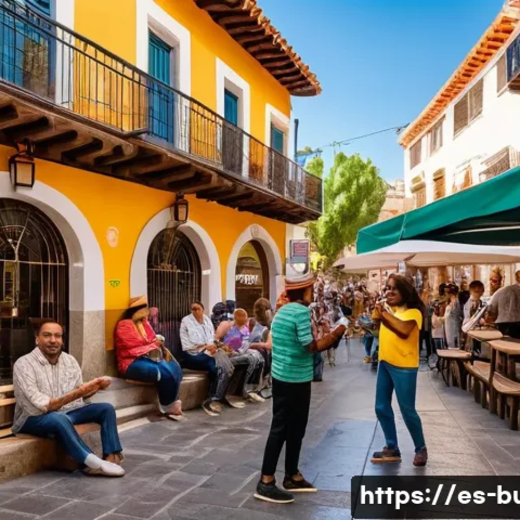 거리공연의 효과적인 예술 마케팅 - A lively urban street scene in a busy Spanish plaza during a sunny weekend afternoon, featuring a di...