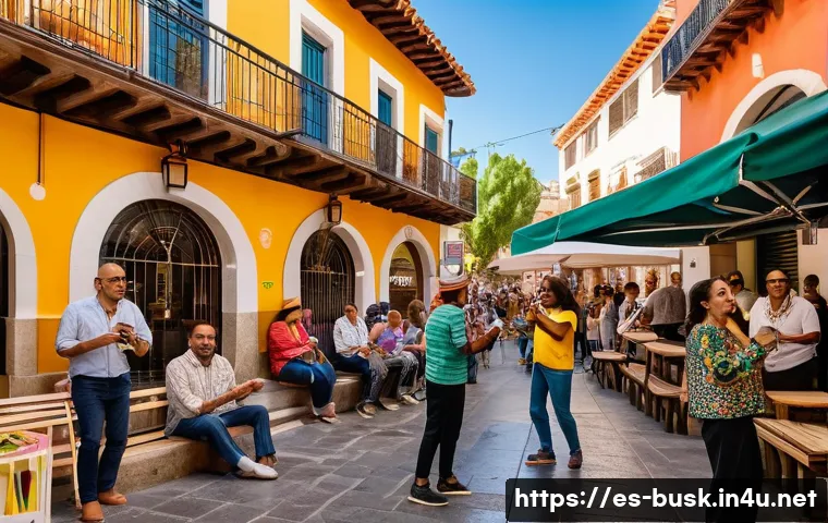거리공연의 효과적인 예술 마케팅 - A lively urban street scene in a busy Spanish plaza during a sunny weekend afternoon, featuring a di...