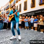 거리공연을 위한 후원금 모금 방법 - A vibrant street artist performing in a lively Spanish plaza during the golden hour, wearing colorfu...