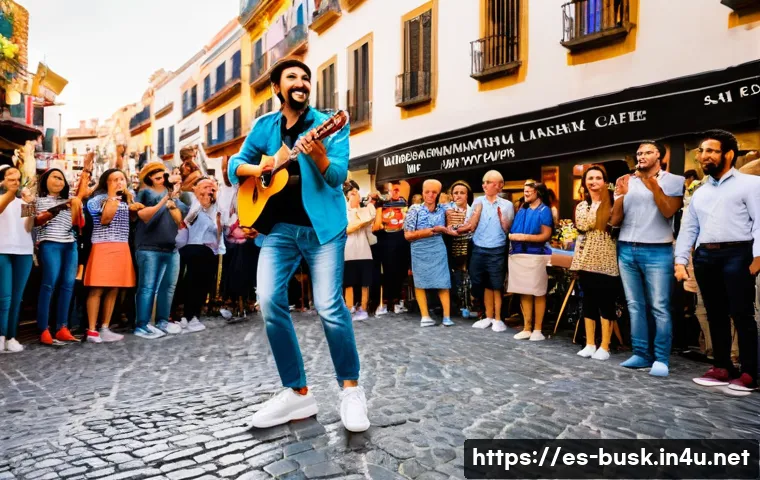 거리공연을 위한 후원금 모금 방법 - A vibrant street artist performing in a lively Spanish plaza during the golden hour, wearing colorfu...