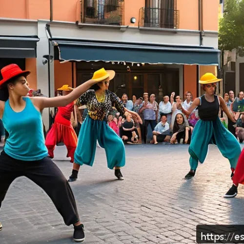 거리공연 창작 아이디어 - A vibrant urban street dance performance at dusk, featuring a diverse group of dancers blending brea...