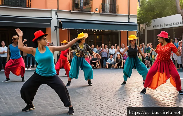 거리공연 창작 아이디어 - A vibrant urban street dance performance at dusk, featuring a diverse group of dancers blending brea...