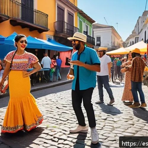 거리공연의 후속 활동 - A vibrant street performance scene in a lively Latin American city, featuring a diverse group of art...