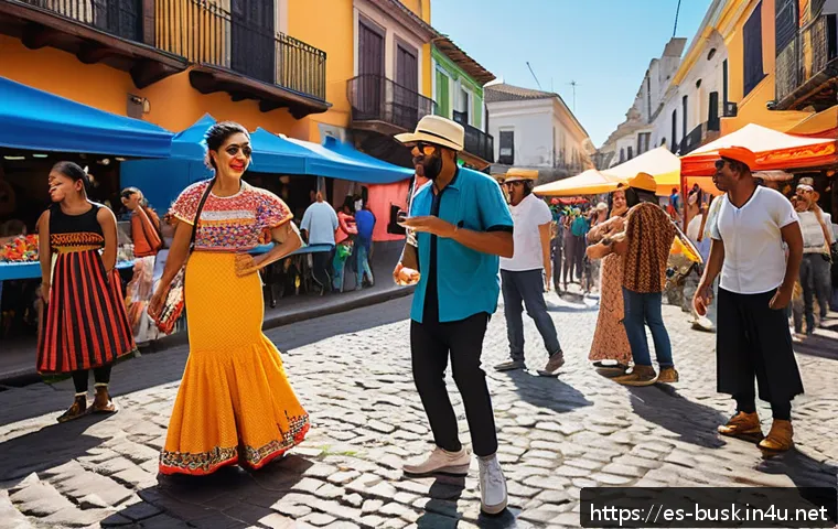 거리공연의 후속 활동 - A vibrant street performance scene in a lively Latin American city, featuring a diverse group of art...
