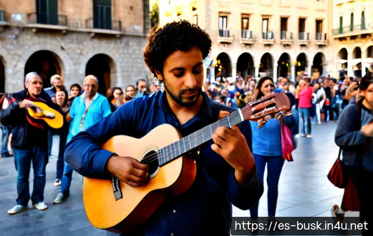 거리공연 아티스트 - Photorealistic street musician performing with an acoustic guitar in a lively pedestrian plaza in Ba...