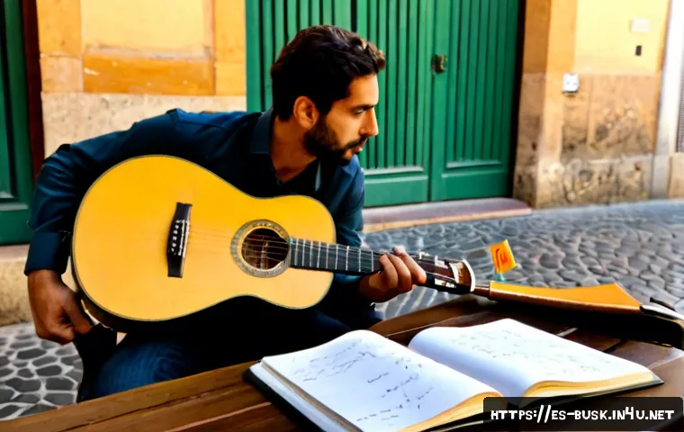 거리공연의 시나리오 작성법 - Photorealistic scene of a Spanish street performer planning a live plaza show at a small outdoor caf...