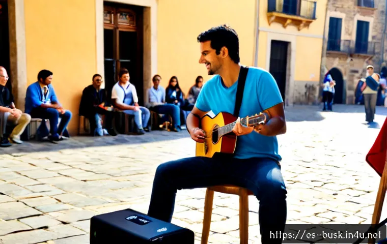 거리공연을 위한 기초 교육 - Photorealistic street performance basics workshop in a sunny Spanish plaza, experienced instructor t...