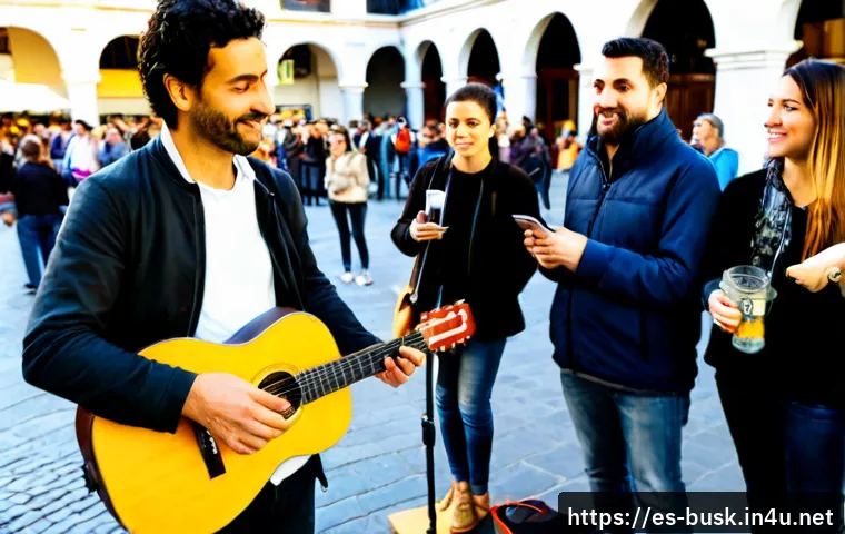 거리공연 마케팅 전략 - Photorealistic street performance marketing scene in a lively pedestrian plaza in Madrid, Spain: a t...