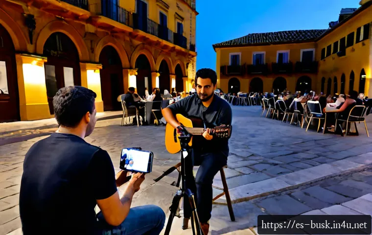 거리공연을 위한 온라인 상영 - Photorealistic evening street performance in a lively Spanish plaza, a talented acoustic guitarist a...